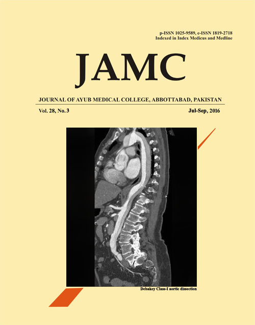 					View Vol. 28 No. 3 (2016): JOURNAL OF AYUB MEDICAL COLLEGE, ABBOTTABAD
				